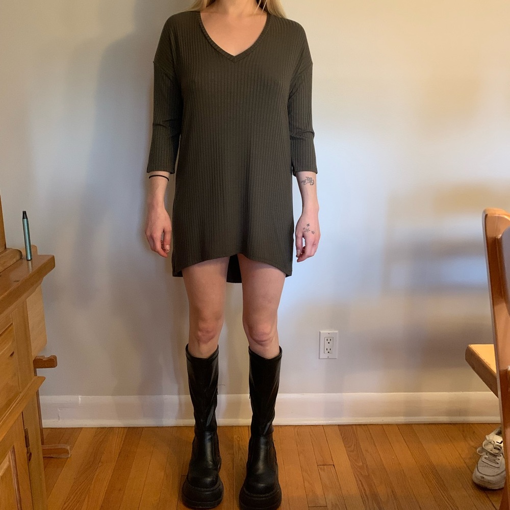 Olive green ribbed shirt dress